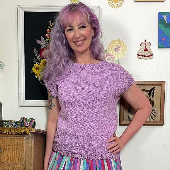 Vintage Lavender Chenille Sweater, 1980s Short Sleeve Pastel Knit Top Sz M-L - Picture 1 of 10